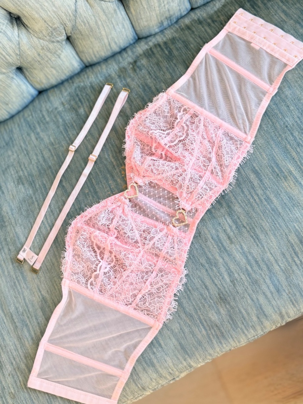 Victoria’s Secret Pink Lace Corset Top Heart Rhinestone Bustier Small - Picture 6 of 9
